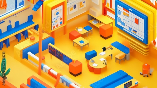 A vibrant, modern workspace featuring colorful furniture and collaborative areas for teamwork and creativity.