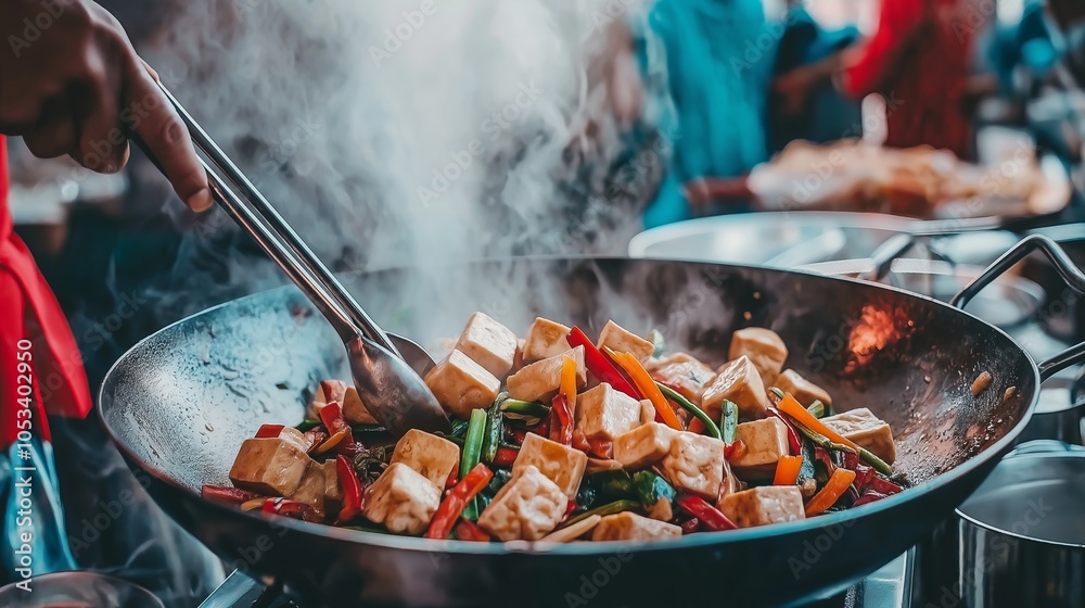 Fototapeta premium Steaming tofu and vegetables cooking in a wok.
