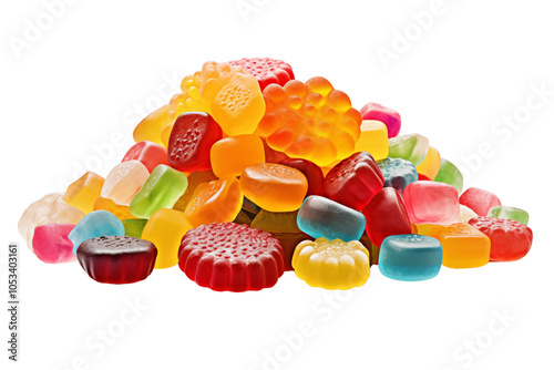Colorful assortment of assorted jelly candies piled together with variety of shapes and vibrant colors on transparent background