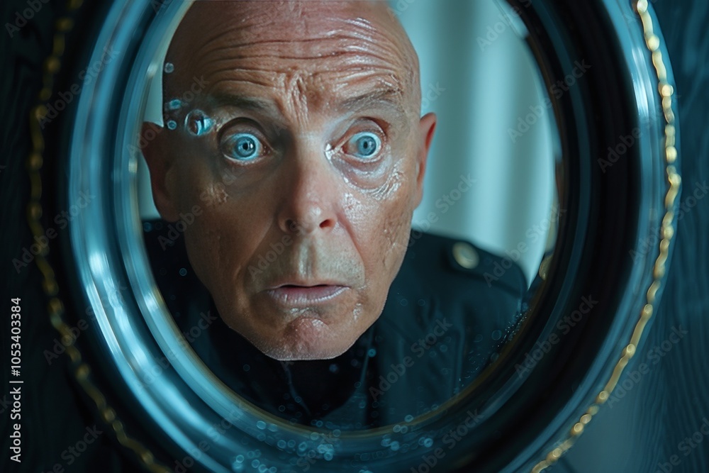 Genuine surprise: bald man reflected in a round mirror Genuine surprise: bald man reflected in a round mirror