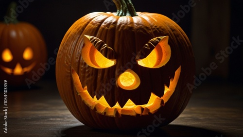 Halloween pumpkins with scary faces on black background, 3d render at night