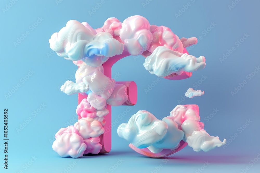 The letter F is made of clouds and is pink and blue The letter F is made of clouds and is pink and blue