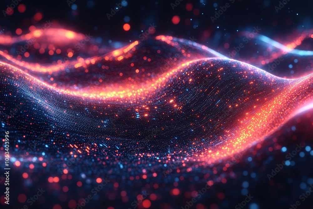 Fototapeta premium Abstract glowing wave of particles in red and blue colors.