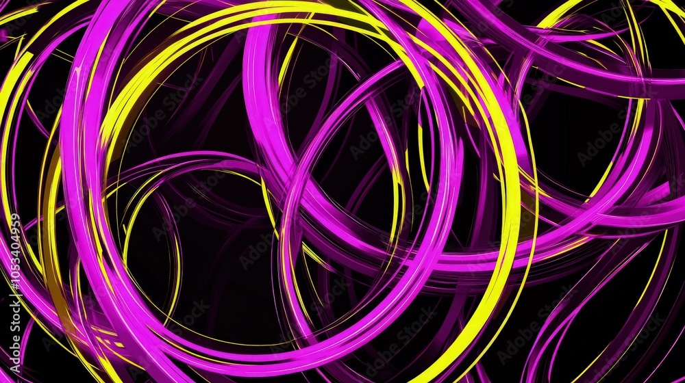 A bold vector circle pattern with electric purple and bright neon yellow, the rings intersecting and overlapping in a complex and vibrant structure against a black background. A bold vector circle pattern with electric purple and bright neon yellow, the rings intersecting and overlapping in a complex and vibrant structure against a black background.