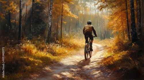 A cyclist riding through a scenic forest trail.