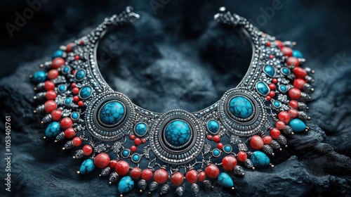 Intricate silver necklace with cascading turquoise and coral beads, 4K hyperrealistic photo photo