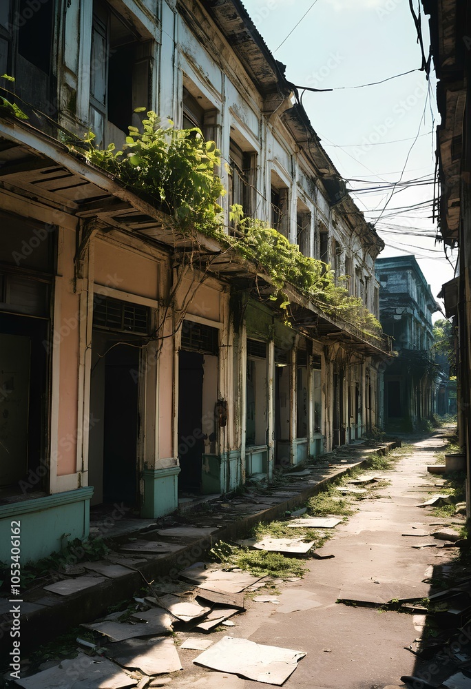 Obraz premium Quiet and deserted streets of old commercial buildings. That was dilapidated under the bright afternoon sun. It's like being shot with a film camera in the 90s.