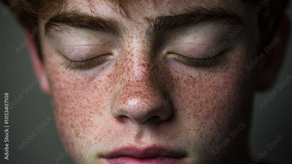 Fototapeta premium A young man gazes inward, his eyes closed and expression thoughtful. Soft lighting enhances his features, creating an intimate atmosphere filled with nostalgia and depth.