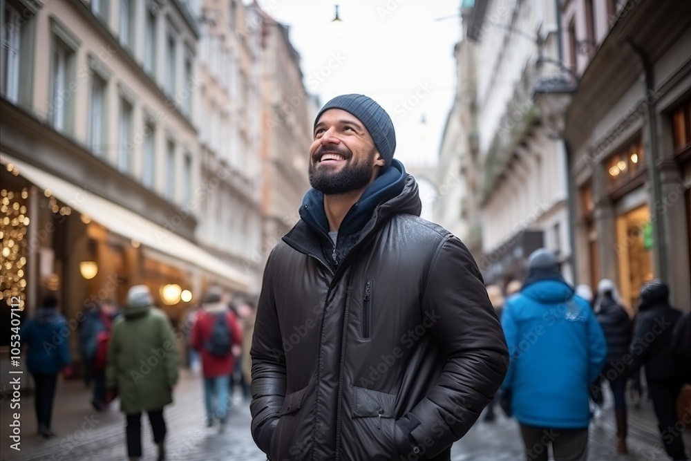 Handsome young man with beard in winter clothes walking in the city Handsome young man with beard in winter clothes walking in the city