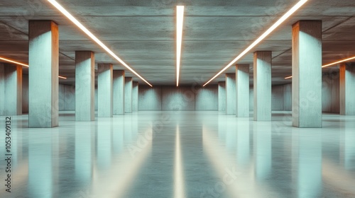 A polished concrete room with pale columns reflects simple elegance, highlighted by warm lighting, creating a sense of modern calm and architectural balance. photo