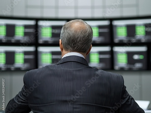 Businessman looking at computer screens in a control room.