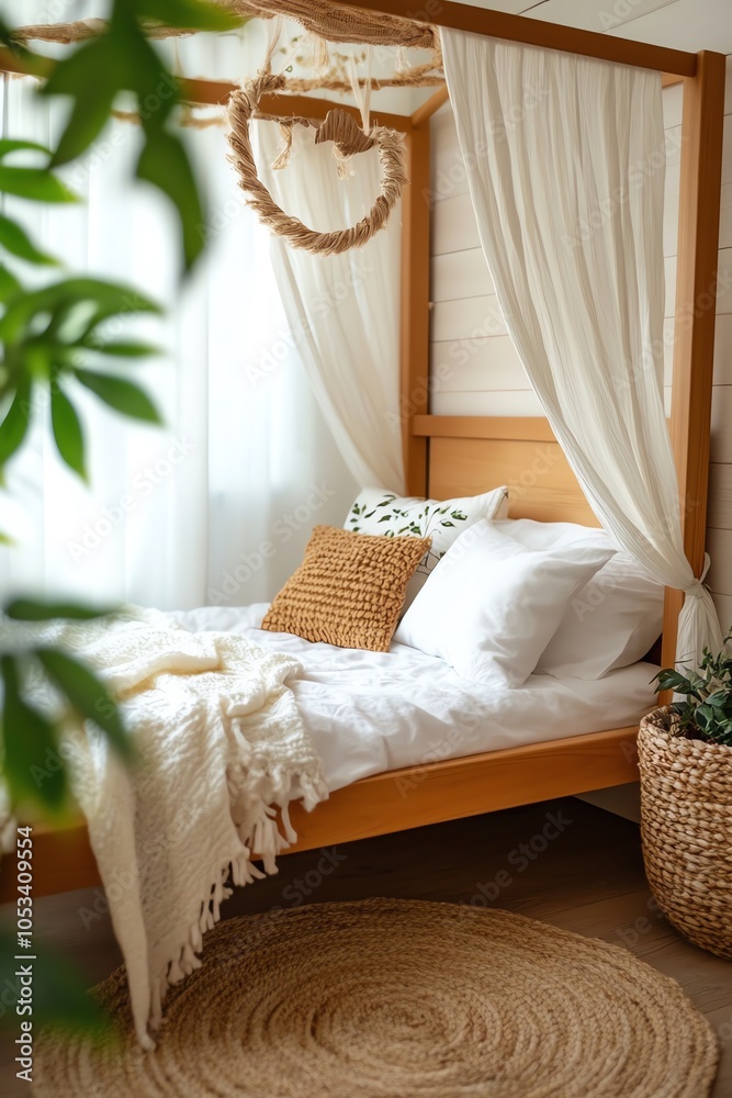 Cozy bedroom with natural light, featuring wooden bed, soft linens, and decorative plants for a serene atmosphere. Cozy bedroom with natural light, featuring wooden bed, soft linens, and decorative plants for a serene atmosphere.