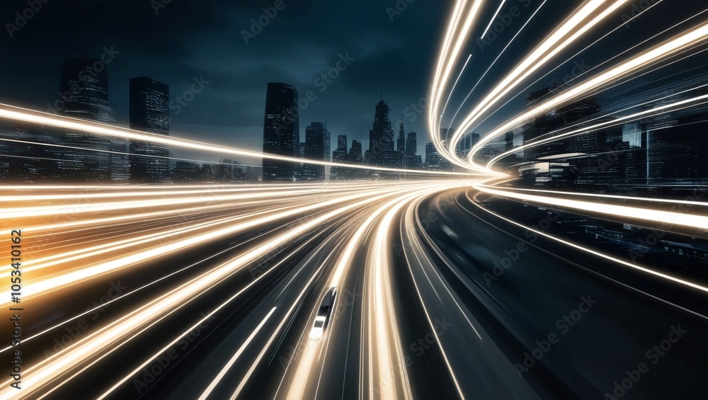 Dynamic light trails zooming through a dark cityscape, creating an abstract motion effect, symbolizing high-speed data transfer, futuristic urban transit, and technological advancement Dynamic light trails zooming through a dark cityscape, creating an abstract motion effect, symbolizing high-speed data transfer, futuristic urban transit, and technological advancement