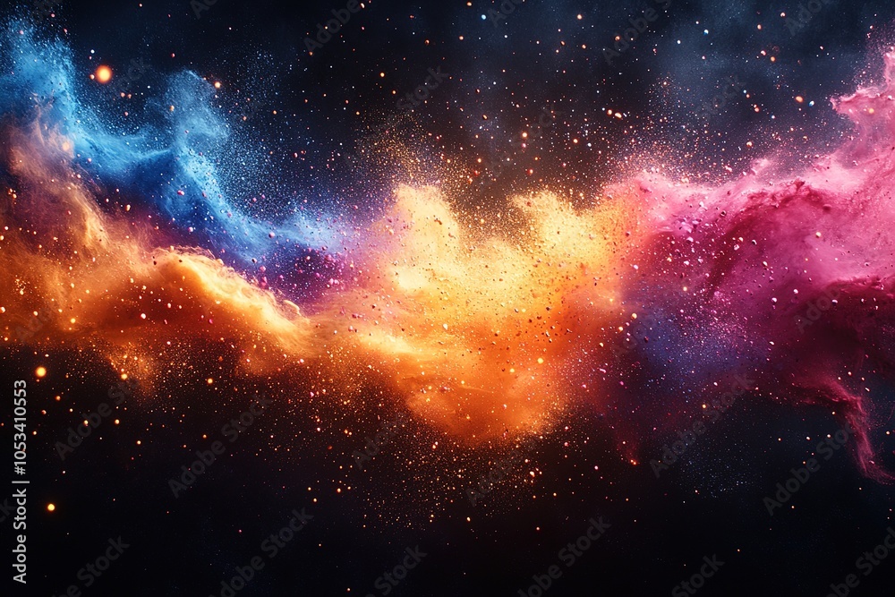 Obraz premium Abstract nebula with orange, pink, and blue clouds with glitter and stars.