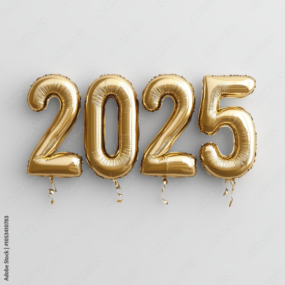 Happy New Year 2025. Golden realistic balloon numbers 2025 - cut out, white background Happy New Year 2025. Golden realistic balloon numbers 2025 - cut out, white background