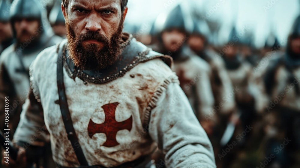 A fierce warrior in battle-worn armor, eyes full of determination, sports a cross insignia while leading an army, embodying readiness, leadership, and courage. A fierce warrior in battle-worn armor, eyes full of determination, sports a cross insignia while leading an army, embodying readiness, leadership, and courage.