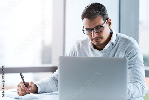 Research, writing and business man with laptop in office for sales representative, online review and report. Creative, product specialist and market trends with employee for proposal, website or idea