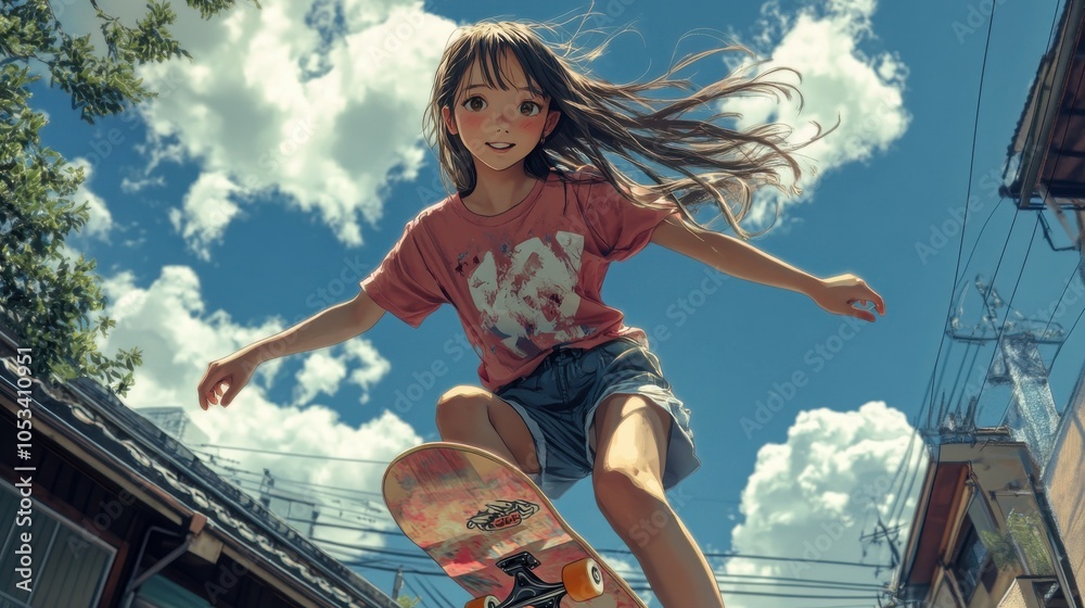 Japanese teen girl with a daring skateboard Japanese teen girl with a daring skateboard