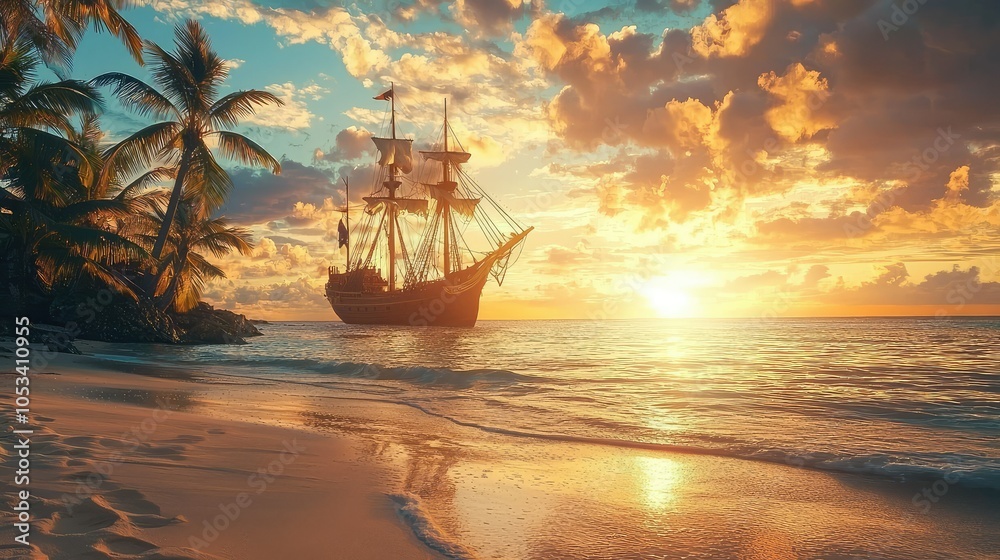 Obraz premium Serene Beach Scene at Dawn with Pirate Ship Silhouette