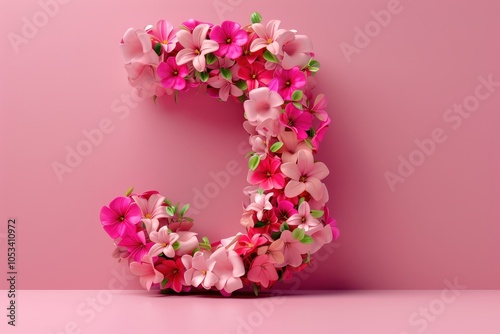 A pink flower arrangement that has been arranged to spell out the letter "J"