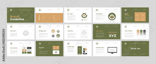 Green and Brown Brand Guidelines template. Brand Strategy Guideline design. Brand Identity presentation design. Logo Guideline template. Logo Guide Book or Brand Manual Layout.