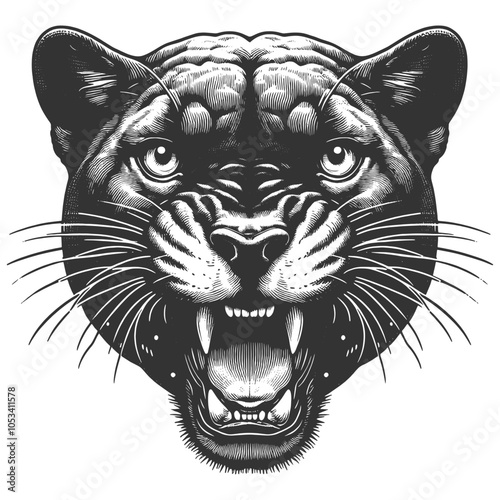 fierce roar growling panther head. Tattoo design, evoking a wild and powerful presence sketch engraving generative ai vector illustration. Scratch board imitation. Black and white image.
