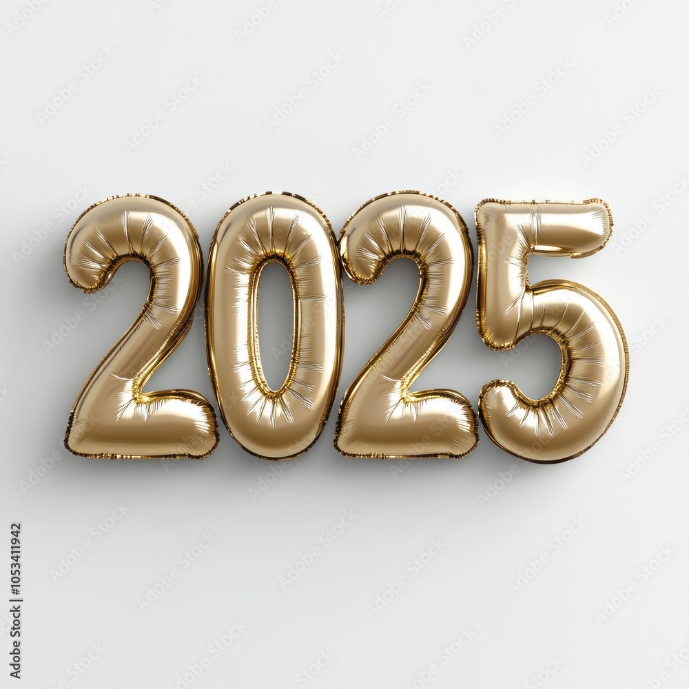 Happy New Year 2025. Golden realistic balloon numbers 2025 - cut out, white background Happy New Year 2025. Golden realistic balloon numbers 2025 - cut out, white background