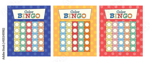 Set of editable color bingo cards template without numbers. Set of lottery tickets for American bingo game. Bright templates with multicolored, dots in background. Vector illustration