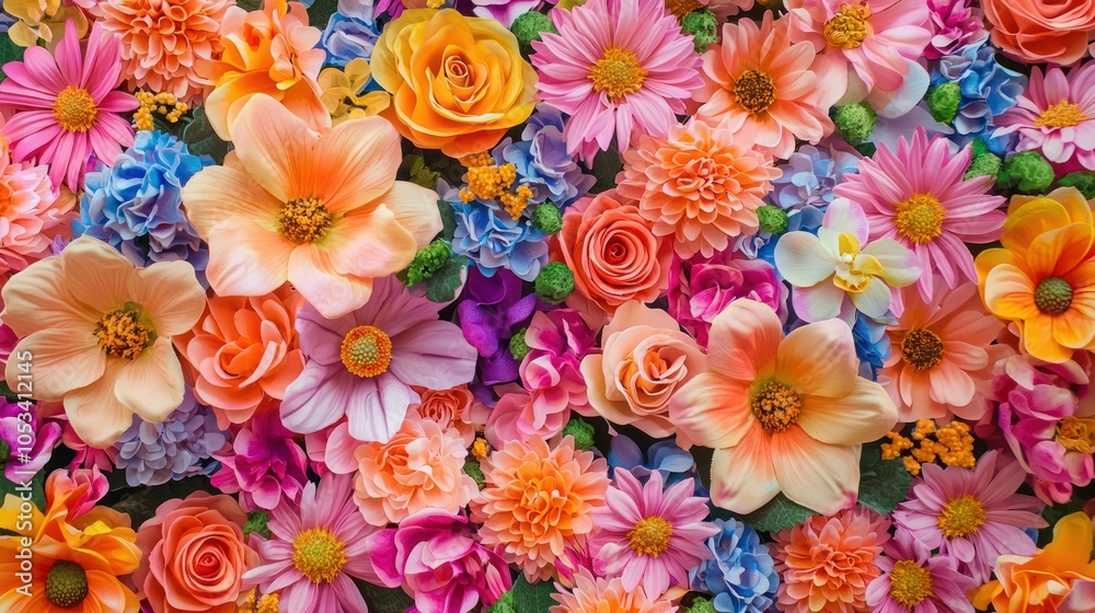 A vibrant floral background featuring a mix of colorful flowers, suitable for use in greeting cards A vibrant floral background featuring a mix of colorful flowers, suitable for use in greeting cards
