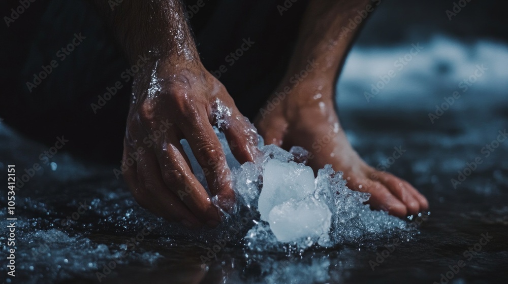A person applying ice to a swollen ankle, showing injury and swelling. A person applying ice to a swollen ankle, showing injury and swelling.
