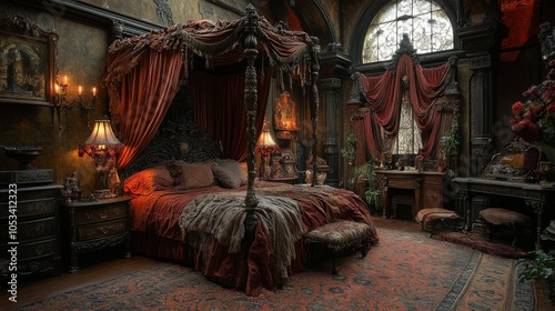 Lavish bedroom with a canopy bed and rich fabrics.