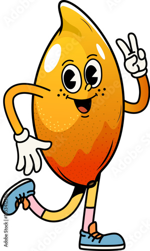 Cartoon groovy mango fruit character with happy face and hippie peace sign, vector retro comic. Groovy tropical mango fruit with funky smile walking in good vibes for retro cartoon character