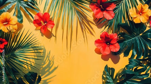 A vibrant flower pattern with tropical flowers and palm leaves against a bright background