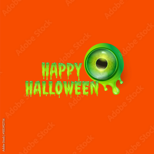 Happy halloween text logo with liquid green slime and zombie green eye isolated on orange background. Square happy halloween banner, poster, flyer and poster with melting text and monster eyeball