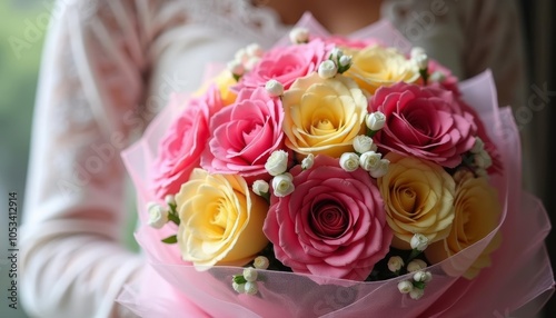  Elegant bouquet of pink and yellow roses perfect for a special occasion