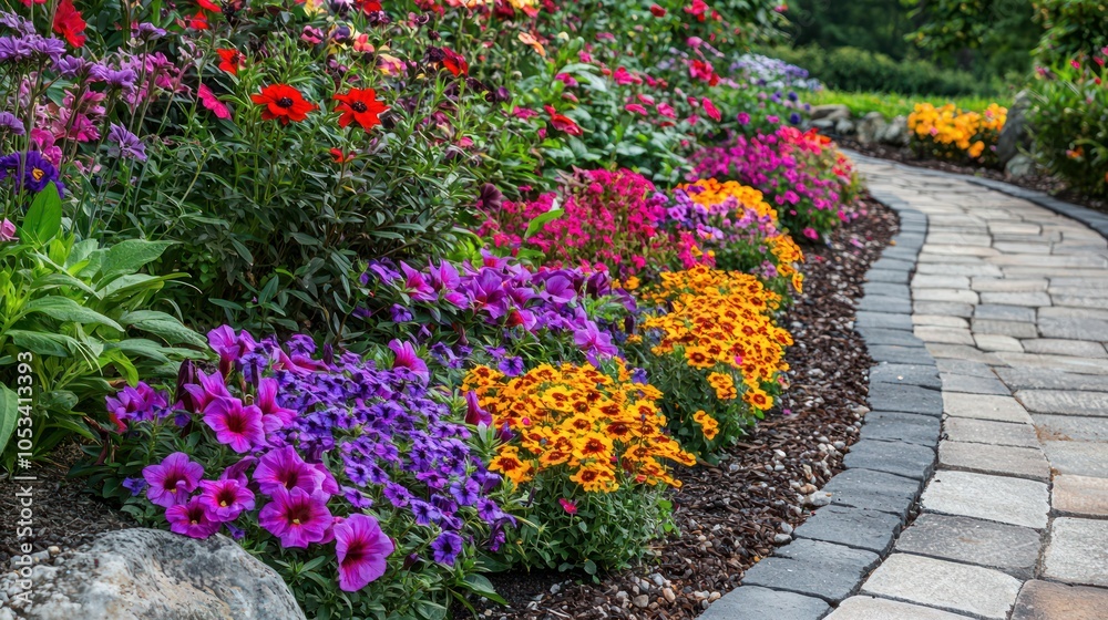 A wide shot of a flower bed bordered by a pathway, inviting visitors to explore A wide shot of a flower bed bordered by a pathway, inviting visitors to explore