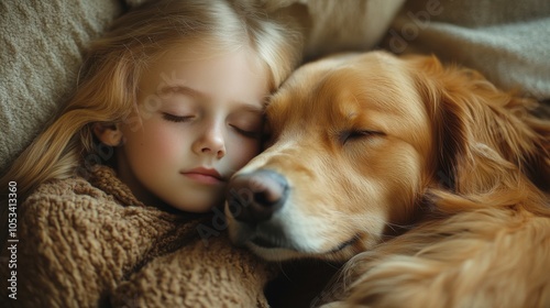 Loving Golden Retriever comforting a child, 4K hyperrealistic photo