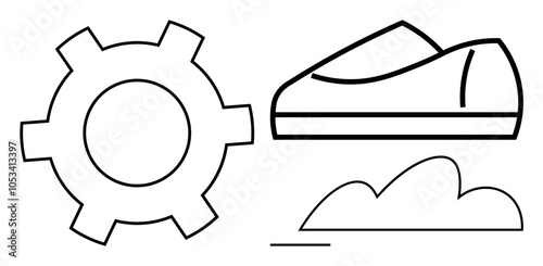 Gear cog, sneaker, and cloud symbols. Ideal for technology, athletics, weather, business, environment, sustainability and outdoor themes Line metaphor