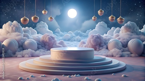 modern display podium with cloud accents against serene night sky ideal for product showcases