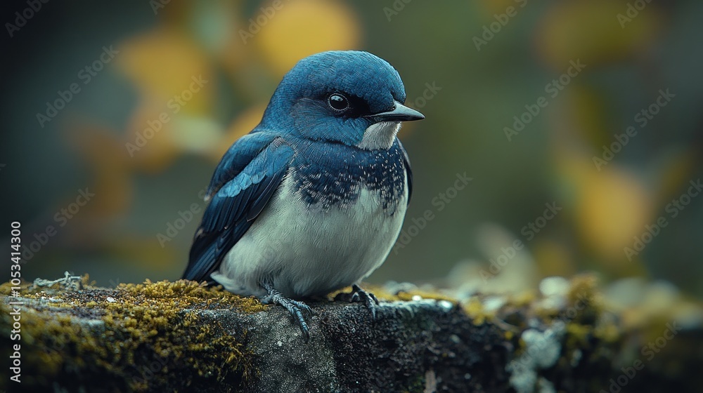 A small blue and white bird with a black head and a yellow beak is perched on a mossy rock. A small blue and white bird with a black head and a yellow beak is perched on a mossy rock.