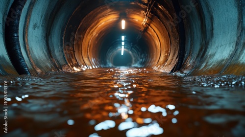 An underground tunnel with flowing water, illuminated by soft orange light, showcasing a blend of urban architecture and natural elements within a serene environment. photo