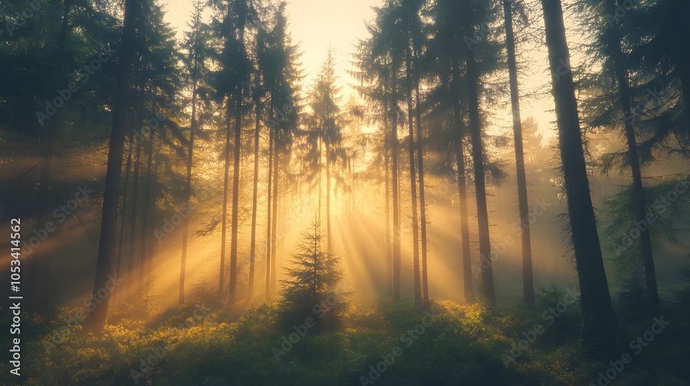 Obraz premium golden hour sunlight streaming through towering pine trees in a misty forest landscape