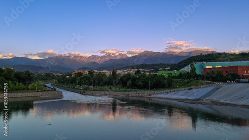 sunset over the mountain lake