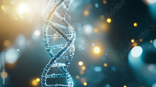 Blue background, DNA double helix and luminous point photo