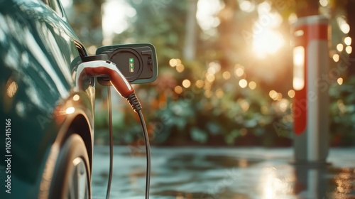 A modern electric vehicle is connected to a charging station in a sunlit, green, natural setting, promoting sustainability and innovation in transportation. photo