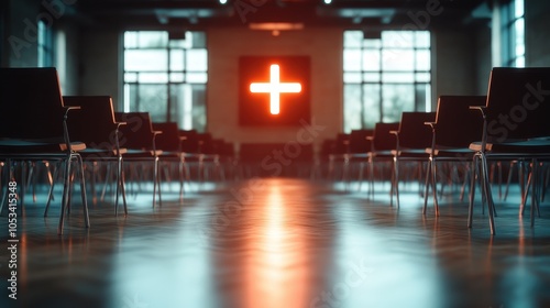 A bright cross-shaped light stands out at the center of a room, enhancing a row of chairs that line the sides, with modern lighting adding to the ambience.