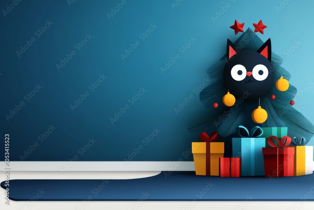 Fototapeta premium Cat is standing in front of a Christmas tree with a star on top. The cat is looking at the camera. The background is a blue wall. christmas tree with gifts and decorations