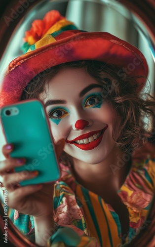 Close-up of beautiful smiling woman clown with hat that holding a colorful phone and making selfie. She is smiling at the mirror and seems happy.