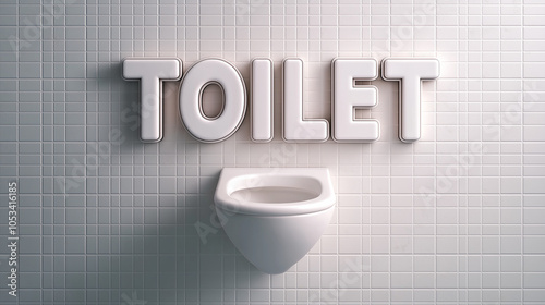 White toilet bowl with the word 'TOILET' in large 3D letters on a white tiled wall.