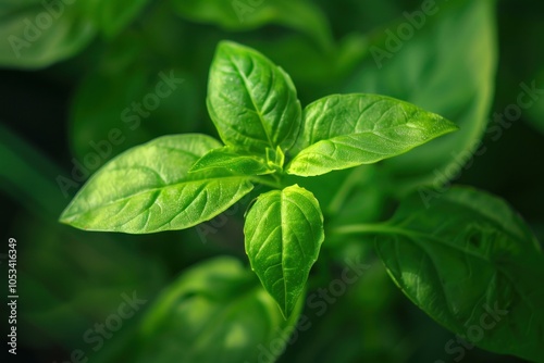 Green basil plant growing in the garden with the sun shining on its leaves